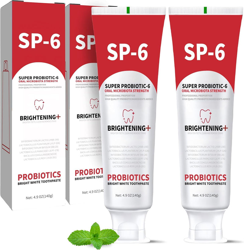 2PCS SP-6 Probiotic Whitening Toothpaste, Enhanced Formula with 6 Probiotics for Teeth Whitening and Gum Health, Enamel-Safe, Fluoride-Free, Fresh Mint Flavor, Ultra whitening and Fresh Breath 2