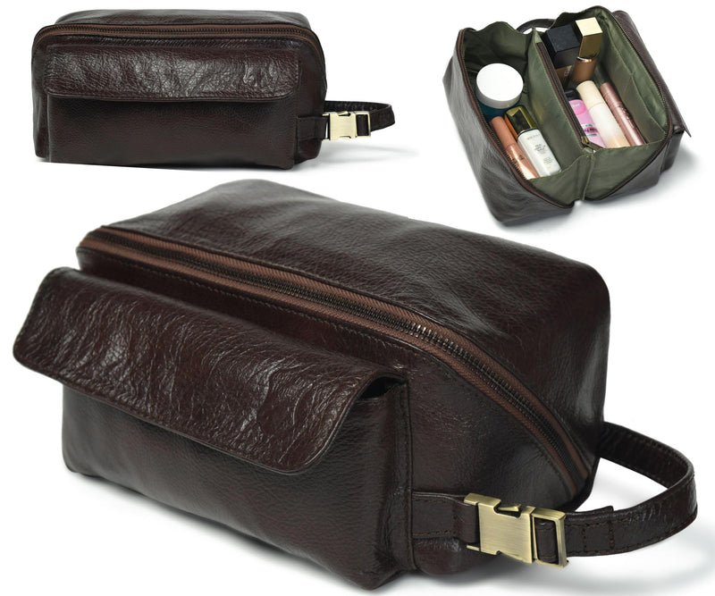 Coyote Bay® Flypouch Premium Full Grain Soft Leather Toiletry Bag, Large 9 Inch, Makeup Bag, Travel Organizer Pouch, Shaving Kit, Cosmetics Toiletry Bathroom Organizer (Brown, Large) Brown