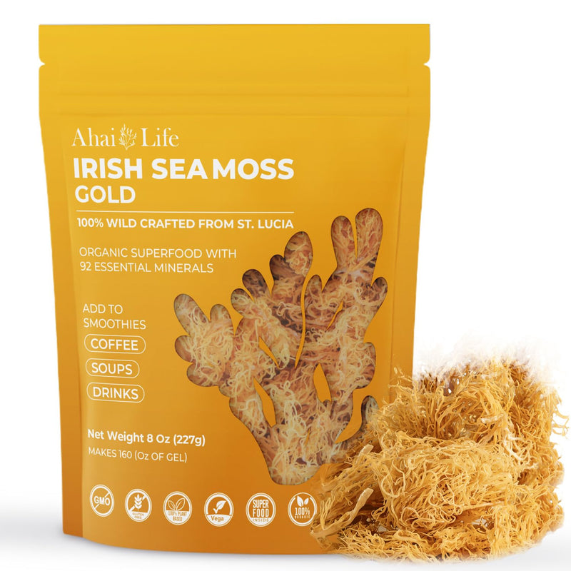 Gold Sea Moss Raw Organic| Makes 160oz of Gel - 100% Wild Crafted| Non-GMO Sun-Dried Mineral Rich Super Food for Energy| Booster Healthy, Immunity Digestion (8oz) Gold 8 Ounce