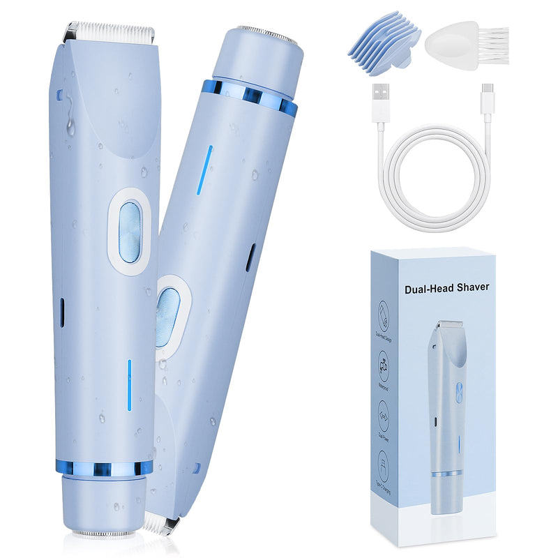 [Australia] - Ladies Electric Razor, 2 in 1 Dual Head Shaver Women, Bikini Trimmer for Women Personal Body Face Leg Arm Hair USB Charge Waterproof Wet and Dry (Blue) Blue 