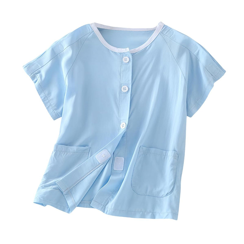 [Australia] - Children Tear Away Short Sleeve,Post Surgery Magic Stickers Shirts,Recovery Clothes,Kids Patient Clothing Blue 130 