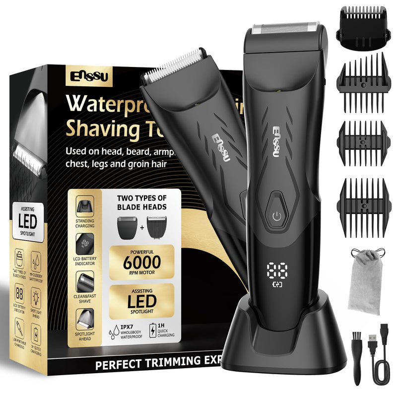 [Australia] - 2-in 1 Body Hair Trimmers for Men, Pubic Groin Hair Trimmer for Men with Dual-Head Trimmer & Foil Blade, Electric Ball Trimmer Razors w/Light, Charging Dock, Waterproof Body Groomer Shaver Kit 2 in 1 Black 