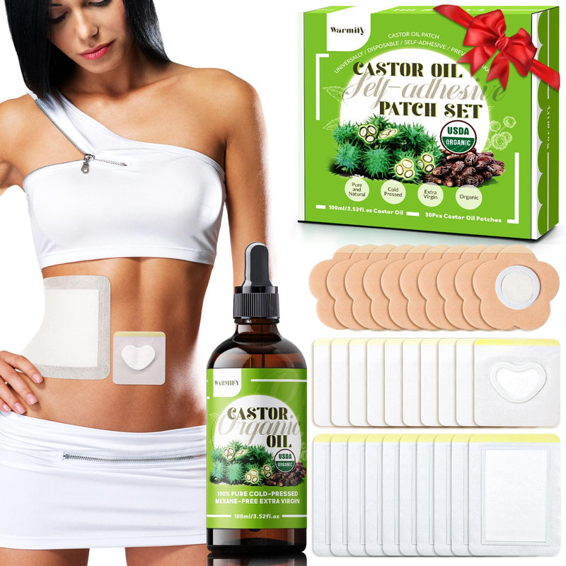 [Australia] - 30 Pcs Castor Oil Patches with Castor Oil Organic Cold Pressed Unrefined Glass Bottle(3.5oz),Cotton Caster Oil Pack Wrap for Waist Back Neck Arm Belly,Self-Adhesive Disposable for Convenient Use Daily Use Set 
