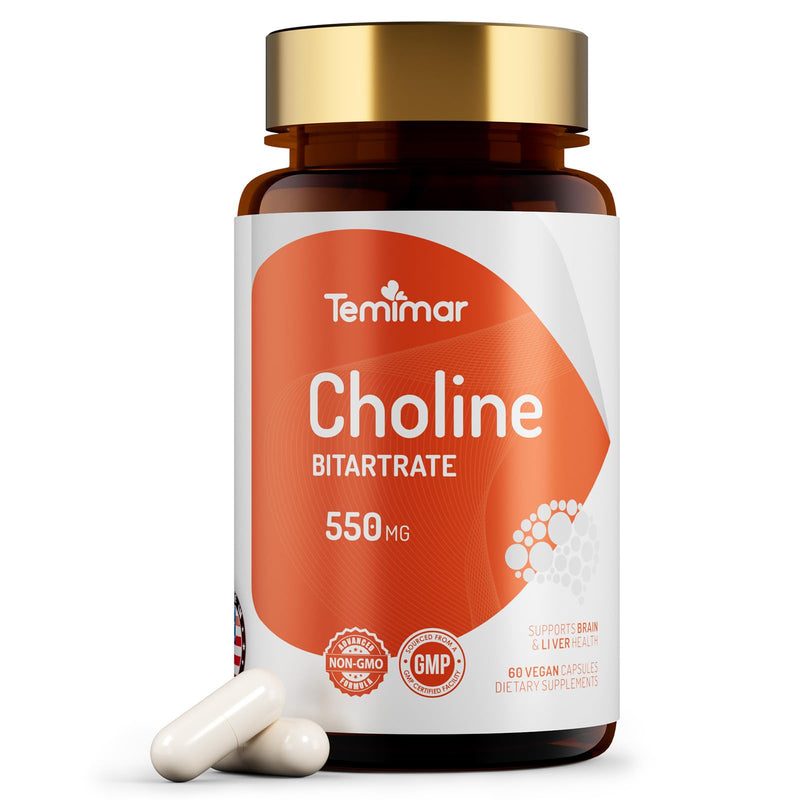 [Australia] - Choline Bitartrate 550mg, Supports Liver & Brain Health, High Absorption Choline Supplements, Non-GMO, Gluten-Free, Made in USA, 60 Vegan Capsules 60 Count (Pack of 1) 
