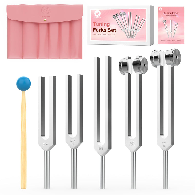 [Australia] - Tuning Fork Set 5pcs 128HZ, 136.1HZ, 256HZ, 384HZ, 512HZ, Equipped with PU Leather Bag and Rubber Hammer, Suitable for Yoga, Meditation, Relaxation 