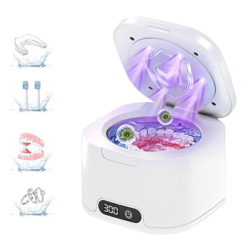 [Australia] - Ultrasonic Retainer Cleaner with UV, 300ML, 49kHz, Dental Cleaning Pod for Dentures, Aligners, Night Guards, Braces, Toothbrush Heads, Jewelry, Mouth Guard, 4 Modes with Digital Timer 