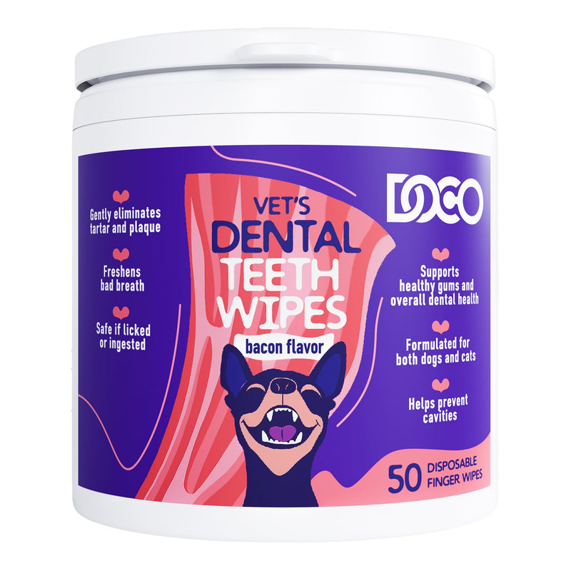 DOCO Dog Teeth Cleaning Wipes - Dog Tooth Brushing Kit, Remove Plaque & Tartar, Dental Freshen Breath, No Rinse, Easy Pet Tooth Cleaning Kit for Oral Care, Ideal for Cat Owners - Bacon Flavor, 50 ct. 50 Count