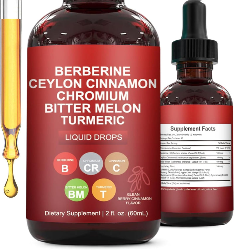 [Australia] - Berberine with Ceylon Cinnamon Supplement Liquid Drops + Bitter Melon Extract, Glucomannan, Gymnema, Chromium, Turmeric, Panax Ginseng, Moringa- 4 OZ 4.0 Fl Oz (Pack of 2) 