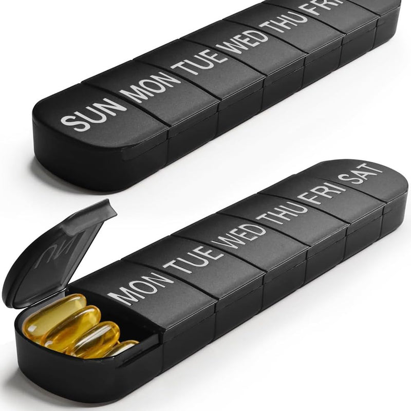 2 PCS Weekly Pill Organiser 1 Times a Day, Arthritis Friendly Travel Pill Case, BPA-Free Pill Box 7 Day, Large Compartments to Hold Vitamins Supplements Medicine (Black) Black
