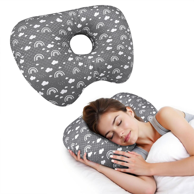 [Australia] - Ear Piercing Pillow with Ear Hole for Side Sleeper Relief Ear Pain,Cotton and Polyester Ear Pillows,Washable Ear Guard Pillow Grey White 