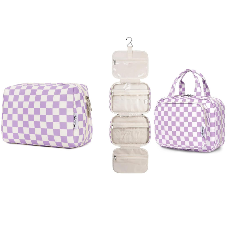 Narwey Checkered Makeup Bag with Hanging Toiletry Bag for Women