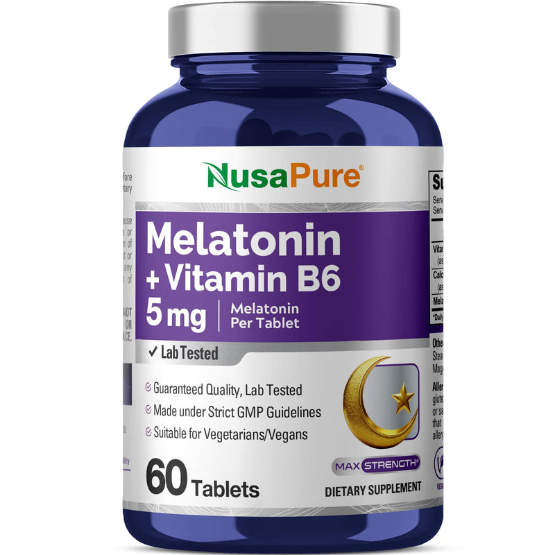 Melatonin Vitamin B6 & Calcium, Vegan, 5mg, 60 Tablets - 60 Servings | Dietary Supplement Formula, Pyridoxine HCI & Dicalcium Phosphate, Non-GMO, Suitable for Adults, Made in cGMP Facility USA