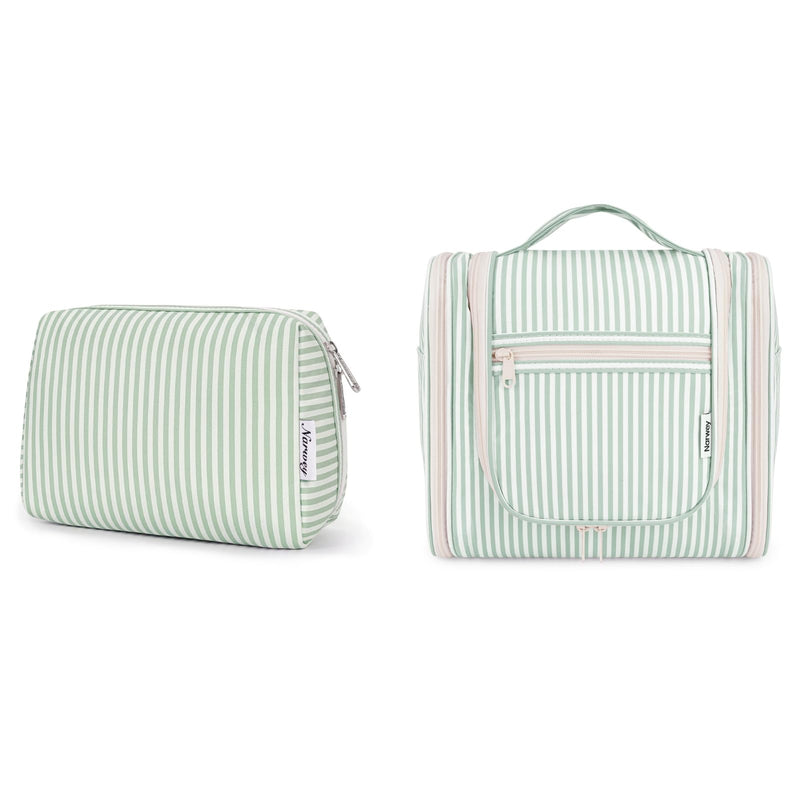 Narwey Striped Hanging Travel Toiletry Bag + Makeup Bag with Compartments for Women Girls