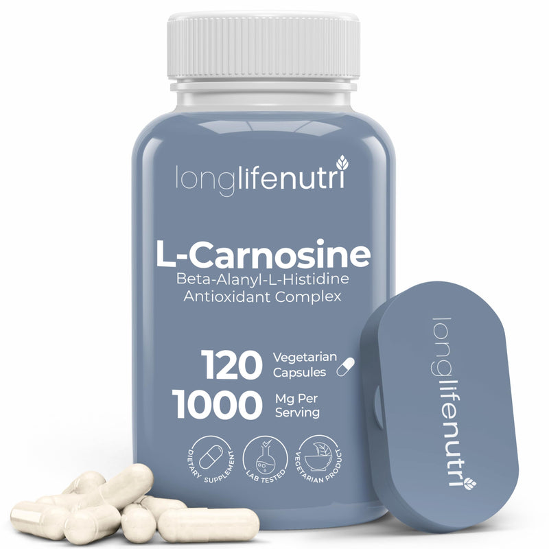 LongLifeNutri L-Carnosine 1000mg - Beta-Alanyl-L-Histidine Supplement for Cellular Energy & Brain Clarity, 120 Vegetarian Capsules, 2-Month Supply, GMP Certified, Made in USA 120 Count (Pack of 1)