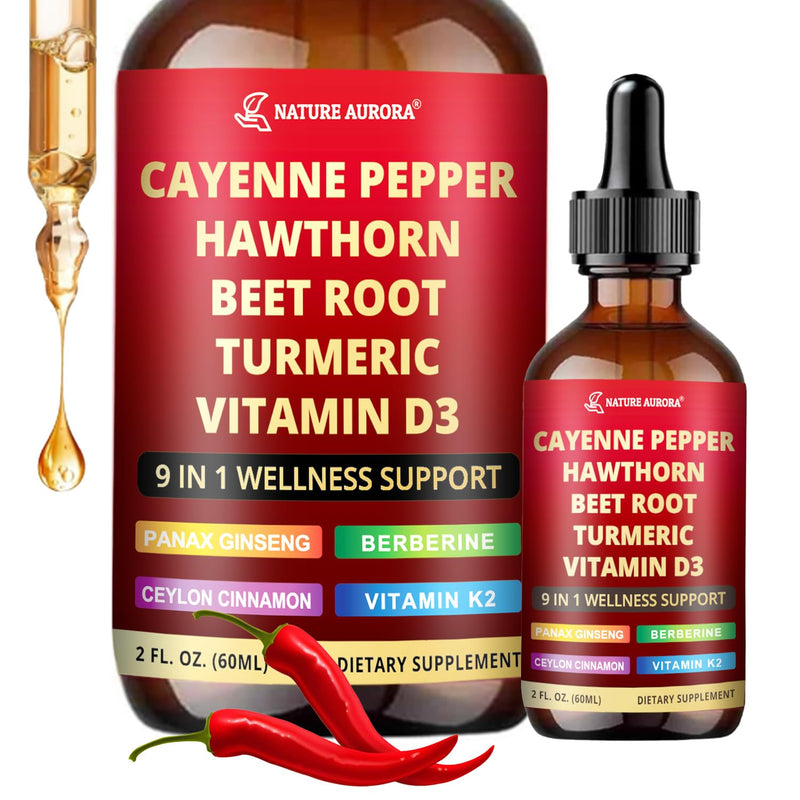 [Australia] - 9 in1 Cayenne Pepper Liquid Drops - Cayenne Pepper Extract Drops Supplement Liquid + Hawthorn Berry, Beetroot, Turmeric, Vitamin K2 & D3 - Digestion, Immune and Circulation Support - 2 Fl Oz 2.0 oz (Pack of 1) 