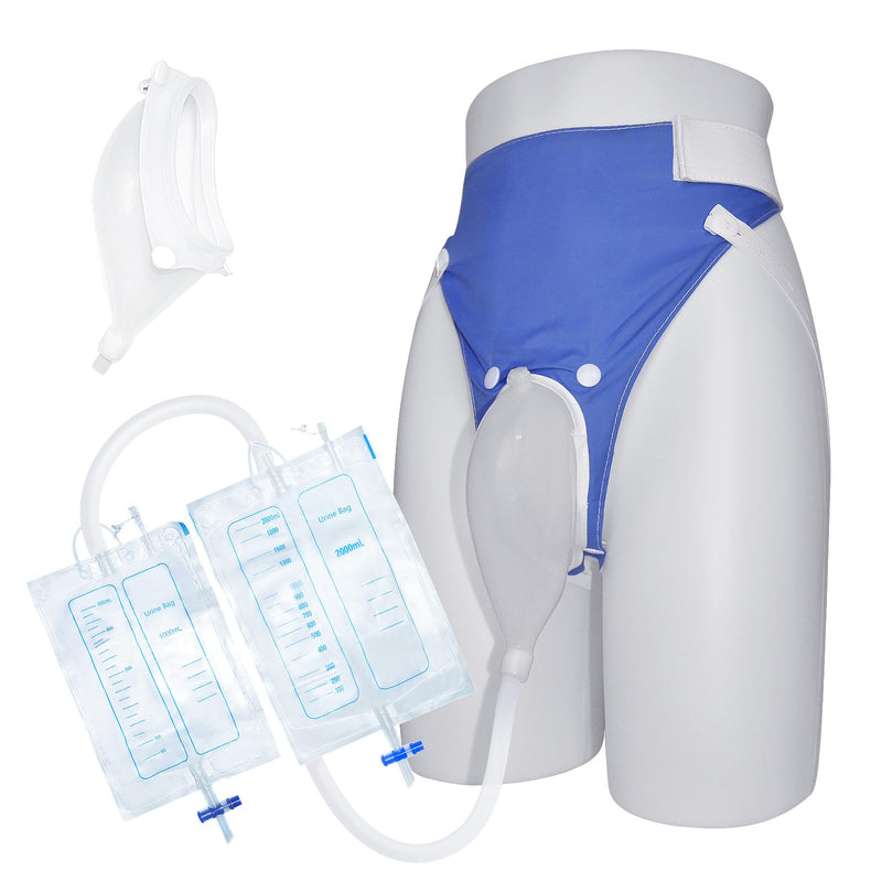 [Australia] - Wearable Urine Collector with Reusable Silicone Unit with Breathable Fixative Pant with Two Urinary Drainage Bags 2000ml 1000ml and 1.2m Catheter Soft Edge Spill Resistant, Elderly Men Blue Elderly Male Blue 