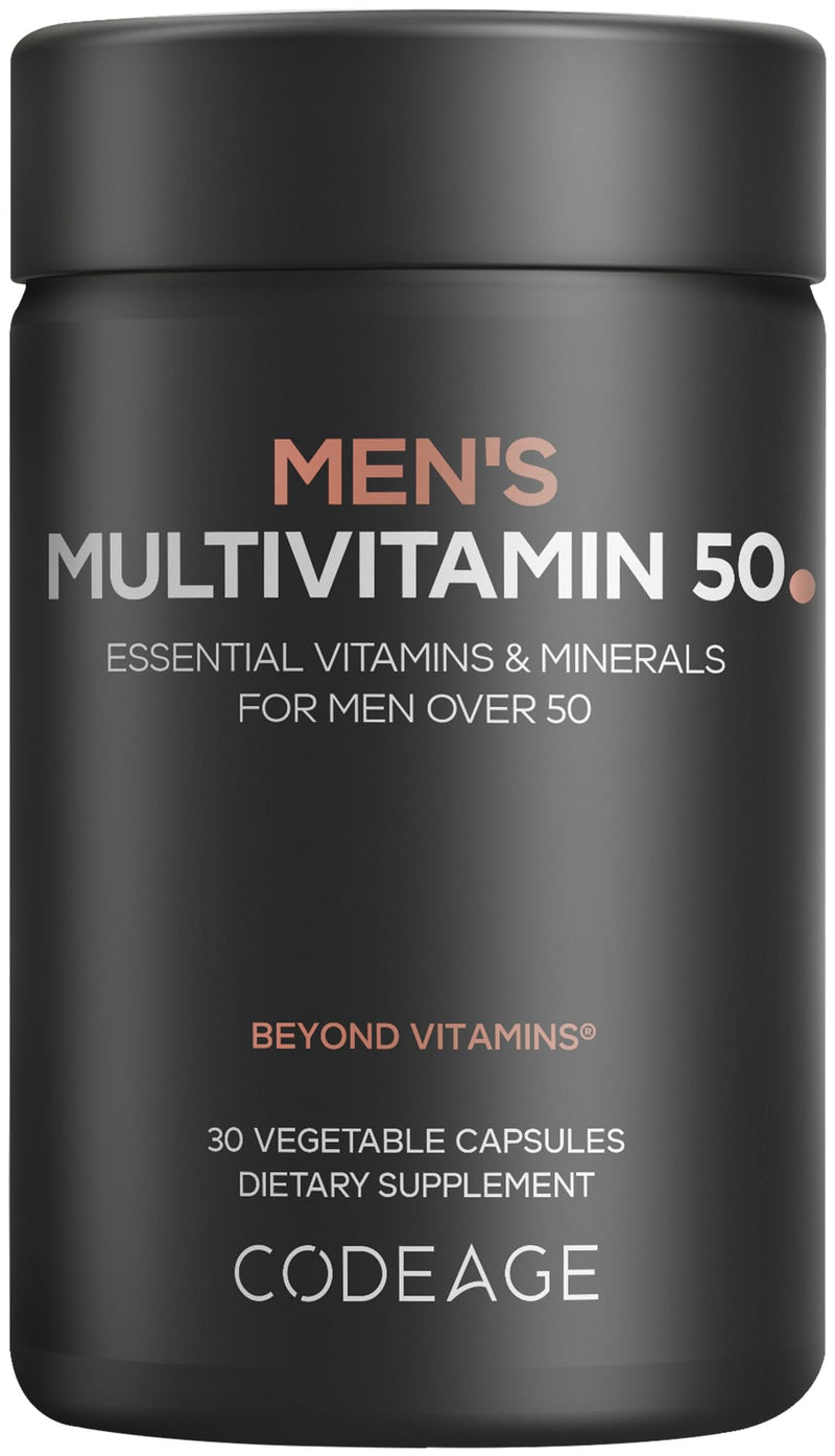Codeage Men's Multivitamin 50+, CoQ10, Probiotics, Lutein, 30 Capsules | Men's multivitamin for 50+, vitamins A, C, D3, E, B6, B12, CoQ10, probiotics, lutein. One capsule daily. Non-GMO.