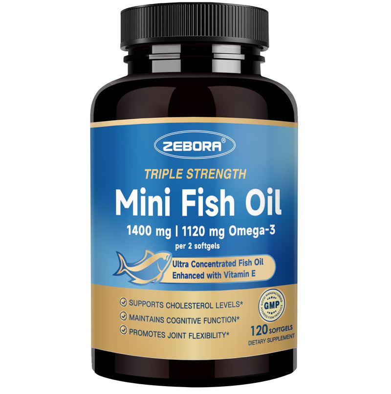 ZEBORA Mini Omega 3 Fish Oil 1400mg with Vitamin E, 60 Servings | High Potency Fish Oil, Supports Heart Health, Brain Function, and Immune Health, Mini Softgels for Easy Swallowing 120 Count (Pack of 1)