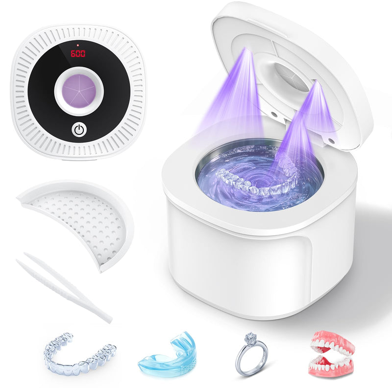 [Australia] - Ultrasonic Retainer Cleaner Machine, 45kHz Dental Cleaning Pod for Denture, Aligner, Nightguard, Mouth Guard, Toothbrush, Jewelry, with Digital Timer, 200ML & 4 Modes for All Dental Appliances S White 