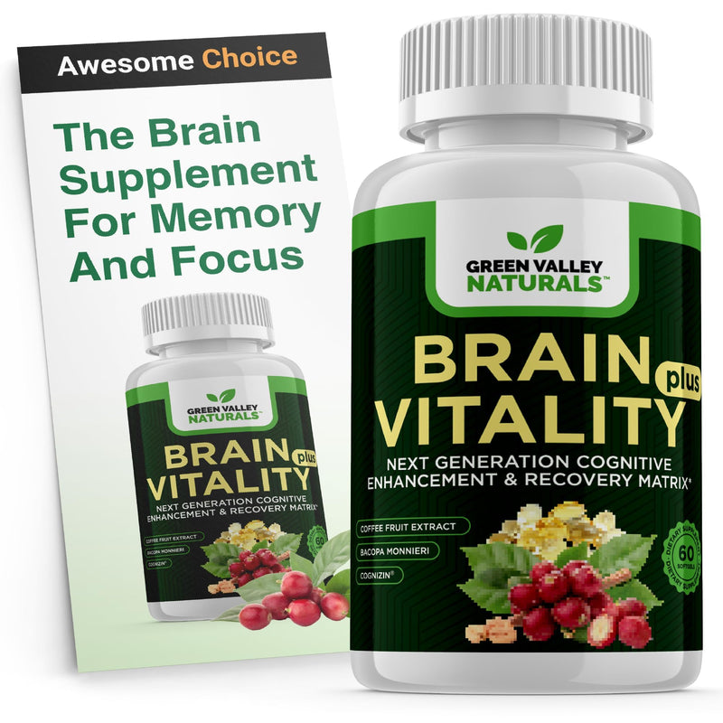 Green Valley Naturals Brain Vitality Plus™ Brain Health Supplement | 60 Softgels, Cognizin® Citicoline, Bacopa Monnieri, DHA Omega-3, Memory, Focus & Mental Clarity Support