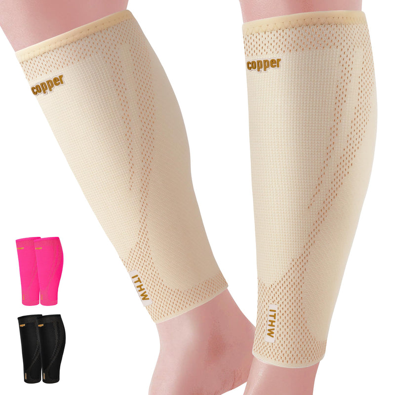 Copper Calf Compression Sleeve for Men and Women, Shin Splint Compression Sleeve for Legs Pain Relief, Footless Compression Socks for Varicose Veins (Nude, Medium) Nude