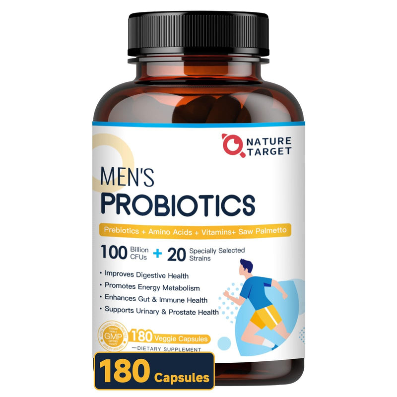 NATURE TARGET Probiotics for Men, 100 Billion CFUs, 180 Veg Capsules | 20 Strains, with Enzymes, Prebiotics, Saw Palmetto, for Digestive, Gut, Bloating & Mens Health, No Refrigeration Required 180 Count (Pack of 1)