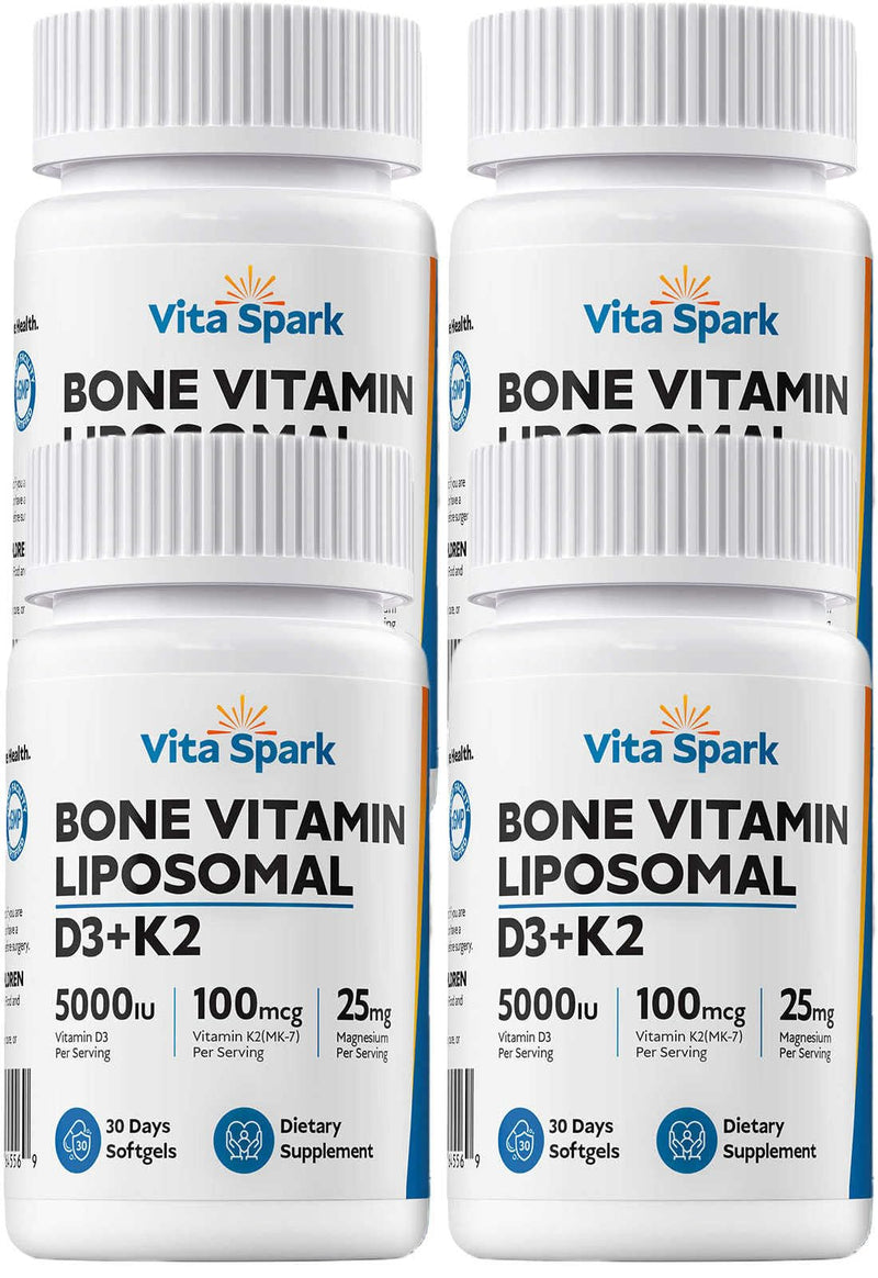 Vitamin D3 K2 - Liposomal Bone Vitamins Supplement, 5000IU D3, 100mcg K2 MK7 & Magnesium For Women and Men | Supports Bone, Teeth, Heart, Immune and Vascular Health*, 120 Days Mini Softgels 30 Count (Pack of 4)