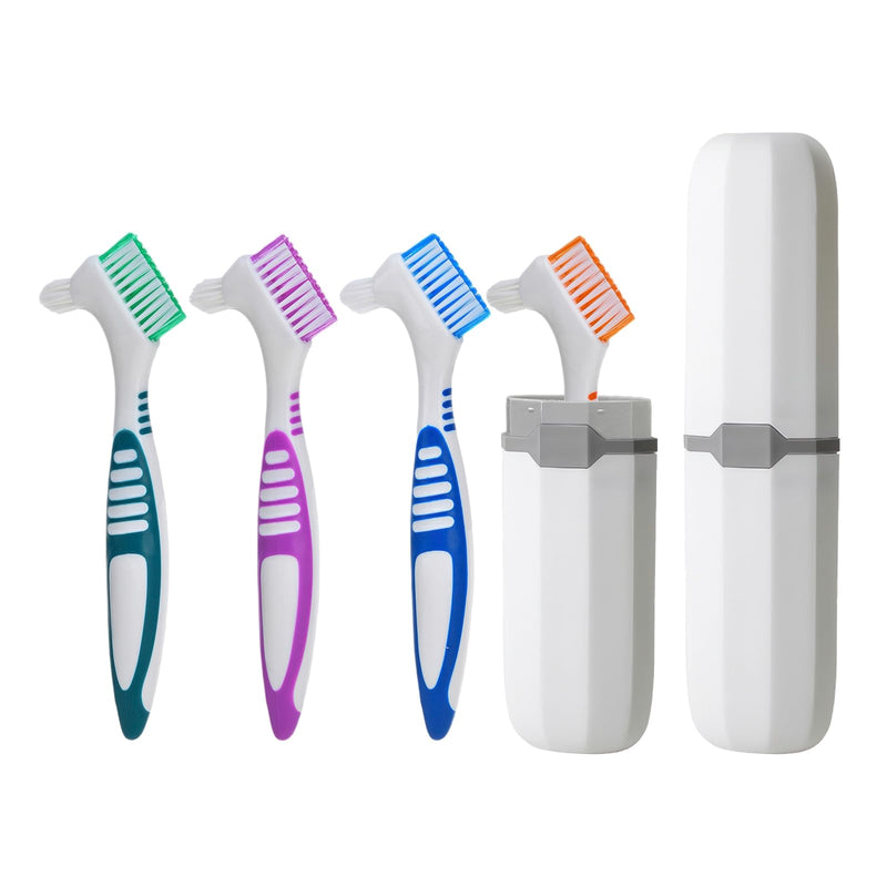 4 Pieces Dual Sided Denture Brush with 2 Case, False Teeth Denture Toothbrush, Dental Cleaning Brush for Retainer Brace with Multi-Layered Soft Bristles and Anti-Slip Handle (5 Colors)