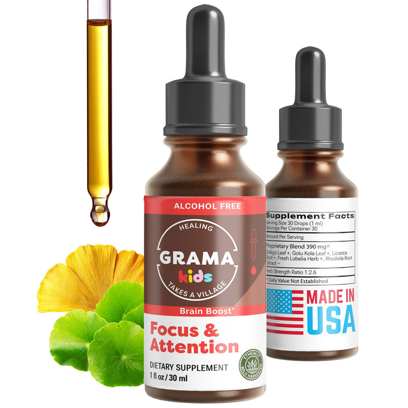Wellness - Focus & Attention Organic Kids Brain Vitamins & Cognitive Support Drops, ADHD Supplement with Ginkgo Biloba, Rhodiola, Gotu Kola, Licorice Root | Made in USA – 30 Servings