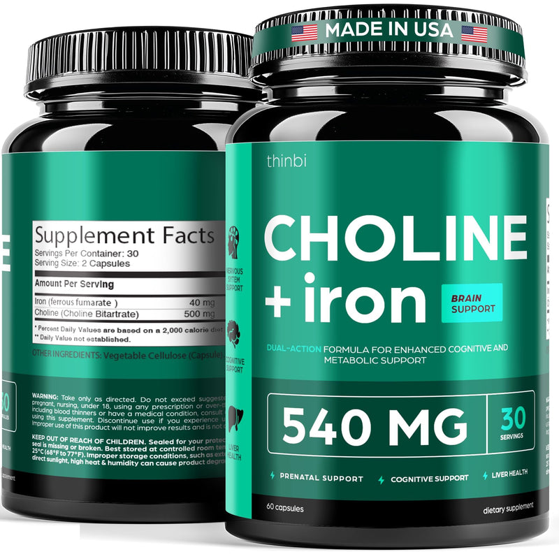 Thinbi Choline Prenatal Supplement with Iron, 30 Servings | Made in USA, Vegan capsules, 30 servings, Third-party tested, Daily wellness