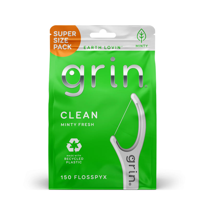[Australia] - GRIN Clean Flosspyx, Floss Picks, 150 Count, Dental Flossers, Minty Flavor, Recycled Plastic, Super Strong Fine Floss, Tight Teeth, Premium Longer Floss Head, Includes Safe Fold-Back Tooth Pick 150 Count (Pack of 1) 