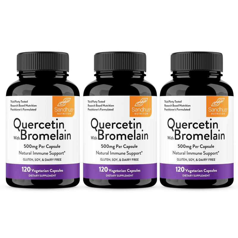 Quercetin with Bromelain 500mg Supplement Capsules 1000mg Per Serving 360Ct | 500mg Combination Supplements 2400 GDU/g Gluten-Free Natural 180 Servings and Encapsulated in USA By Sandhu's 120 Count (Pack of 3)
