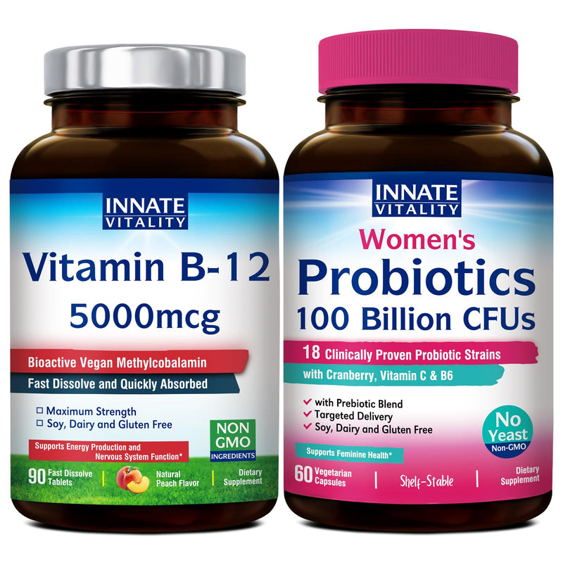 Innate Vitality Bundle: Probiotics (100 Billion CFUs, 18 Strains) with Cranberry & Vitamin B12 5000mcg Sublingual Tablets - Digestive, Vaginal Health, Energy Production & Nervous System Support