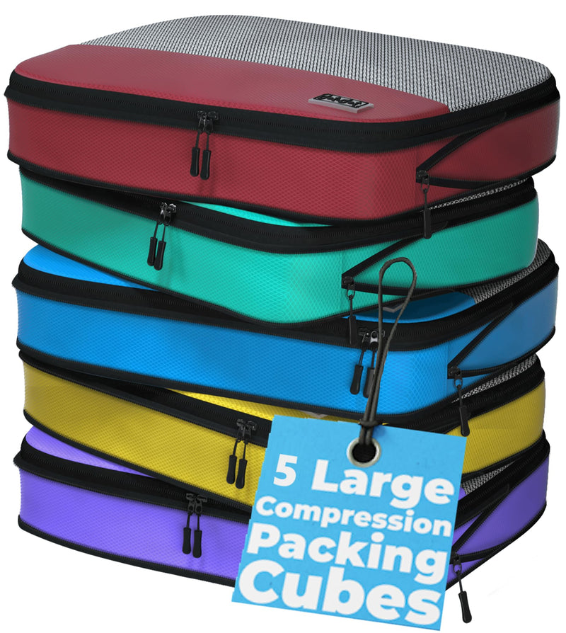 Large Packing Cubes for Travel - 5pc Packing Cubes for Suitcases - Lightweight Luggage Organizer Bags (Compression) Multicolor Compression Large