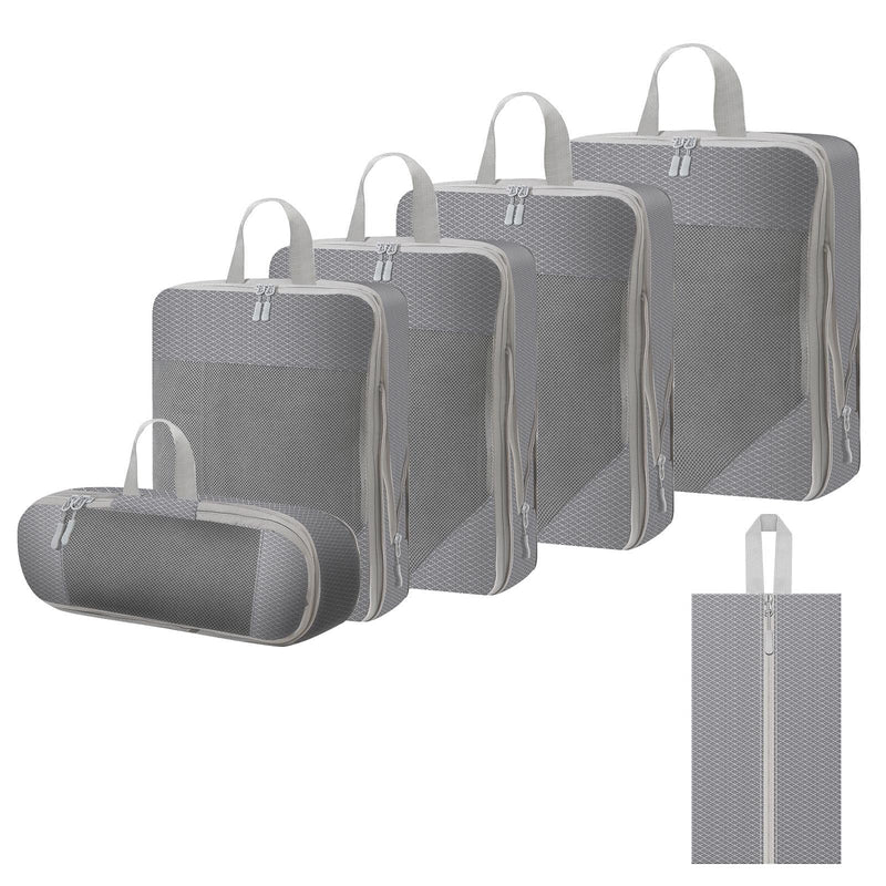 WOOMADA Compression Packing Cubes for Suitcases Travel Essentials 6 Set Rectangle Mesh Expandable Travel Bags Organizer for Luggage 6 Set (1S+1M+1L+1XL+Shoe Bag+Socks/Underwear Bag) Light Grey