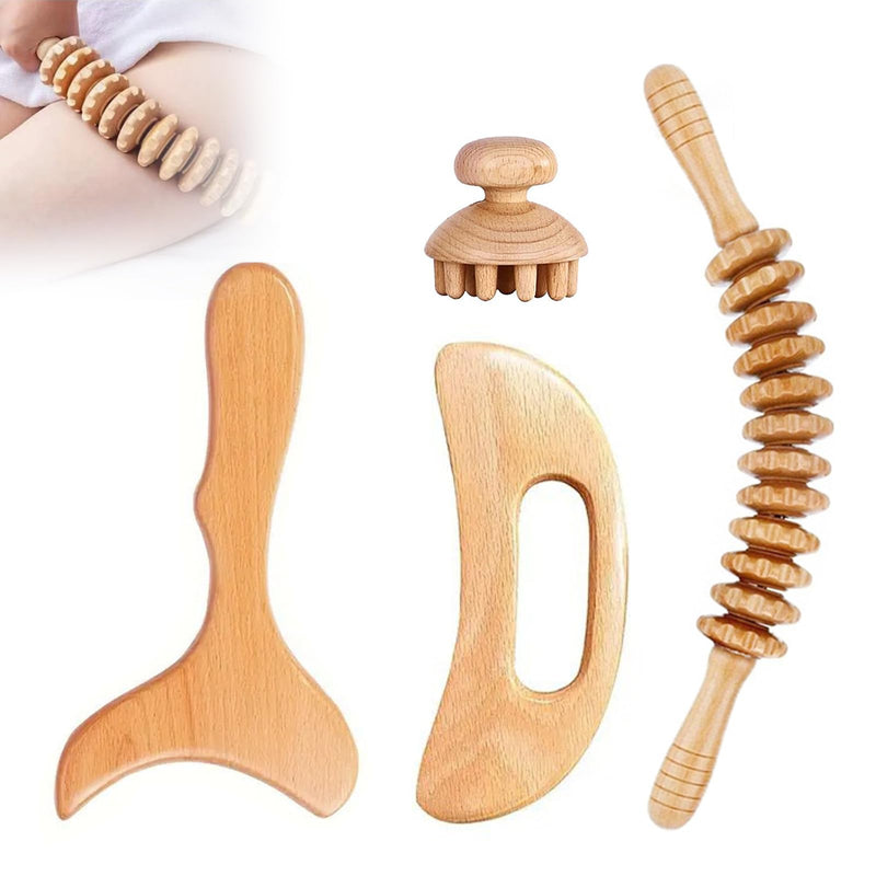 [Australia] - Wood Therapy Massage Tools 4 in 1, Lymphatic Drainage Massager, Wooden Maderoterapia Kit Body Sculpting Tools for Muscle Pain Relief, Anti-Cellulite Body Shaping 