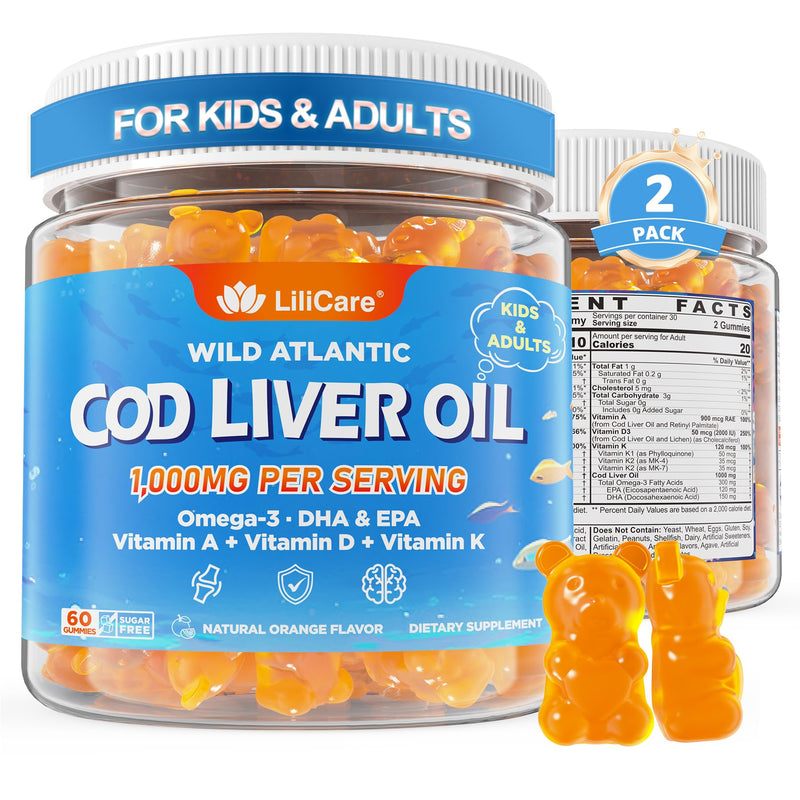 [Australia] - Cod Liver Oil Gummies 1000mg for Kids & Adults - w/Omega 3 (EPA & DHA), Vitamins A, D3 & K2 - Cod Liver Oil Omega 3 Gummies for Immune, Brain & Cognitive Support, SugarFree, Orange Flavor, 120Cts 60 Count (Pack of 2) 