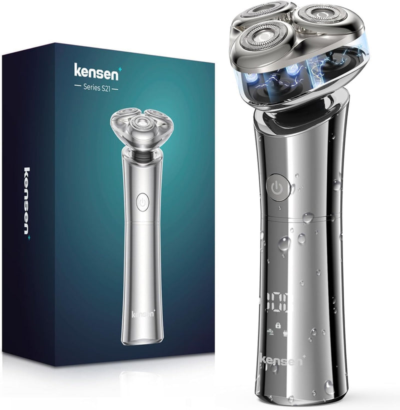 Electric Razor for Men - Rechargeable Electric Shavers for Men, 3D Magnetic Floating Head Mens Rotary Shaver for Shaving Face Beard Shaver IPX6 Waterproof LCD Display Beard Trimmer for Mens Gift Silver