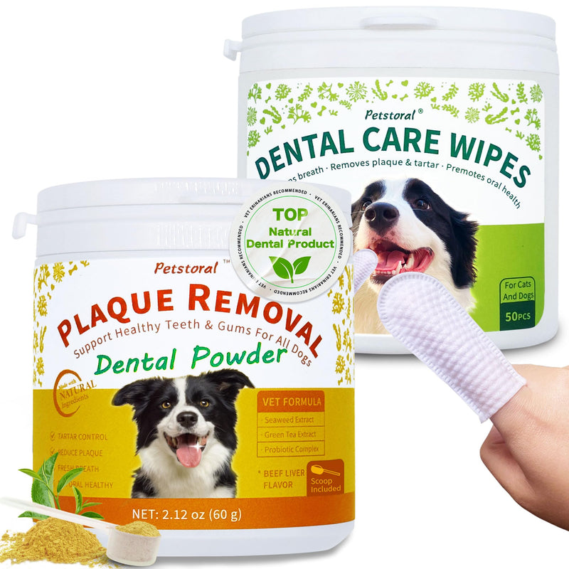 [Australia] - Dental Cleaning Kit, Dental Care Wipes to Clean Plaque on The Surface of The Teeth, Beef Liver Flavour Dental Powder with Probiotic to Solve Oral Problems from The Inside of Digestion Dental Kit（50 Ct） 