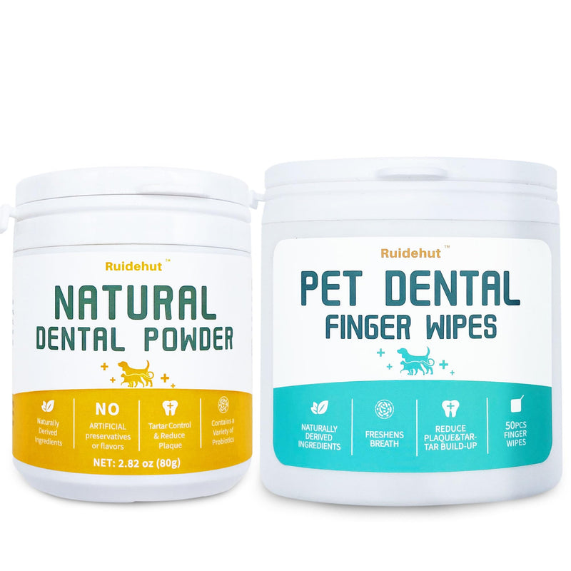 Dog Dental Kit - Teeth Cleaning Powder Contains Probiotics That Solve Bad Breath Through Internal Digestion, Finger Wipes Remove Plaque and Tartar from The Surface (50 Count & 80g) Dental Cleaning Kit