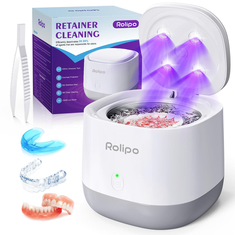 [Australia] - Ultrasonic Retainer Cleaner 320ML, 45kHz Denture Cleaner with 4 Lamps, Dental Cleaning Pod for Mouth Guard, Aligner, Braces, Toothbrush Head, Jewelry Cloud White 