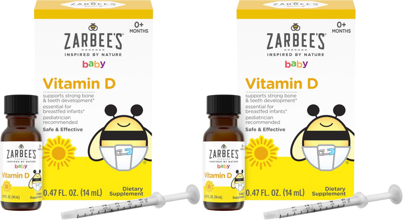 Zarbee's Vitamin D Drops for Infants,400IU (10mcg) Baby & Toddler Liquid Supplement,Newborn & Up,Dropper Syringe Included,0.47 Fl Oz,(Pack of 2) 0.47 Fl Oz (Pack of 2)
