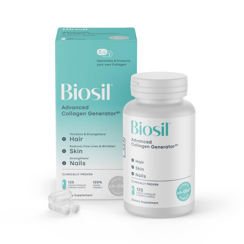 Biosil Collagen Booster Supplement - 120 Vegan Capsules - Patented ch-OSA Activator for Skin, Hair, Nails & Joints - Supports Natural Production - 60-Day Supply 120 Liquid Capsules (Pack of 1)