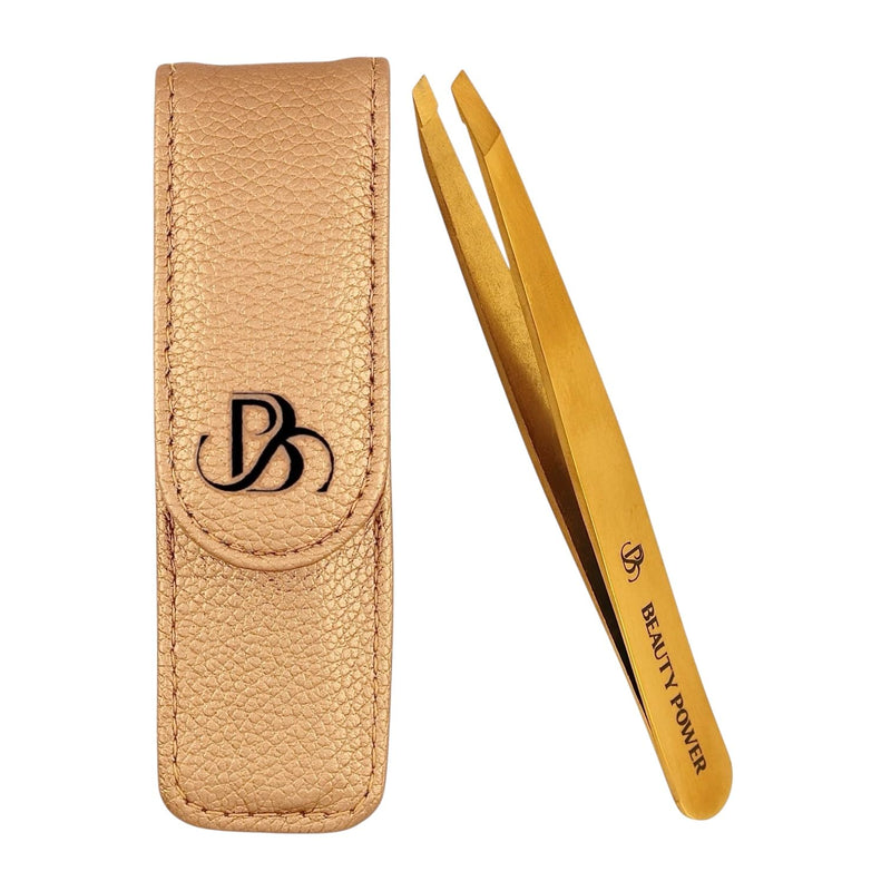 Professional Tweezers in Case - Slant, Durable Lightweight German Stainless Steel, Ultra Precision Tweezers for Eyebrows, Facial Hair, Chin, and Ingrown Hair Removal - Gift (Gold) Gold