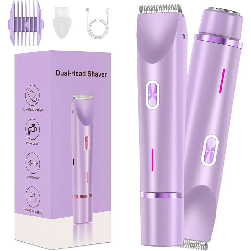[Australia] - 2 in 1 Electric Glow Shaver, Portable Bikini Trimmer for Women, Dual Head Rechargeable Electric Razor, IPX7 Waterproof Wet & Dry Use Legs Body Pubic Hair Trimmer for Men Women Christmas Birthday Gifts Purple 