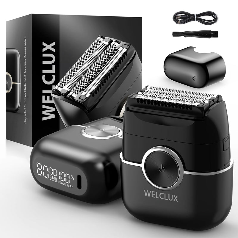 [Australia] - Electric Foil Shavers for Men: Advanced Mini Electric Razor with 4 Floating Blades & Large LED Display - 2 Adjustable Speeds - IPX7 Waterproof - USB Type C Cool Black 