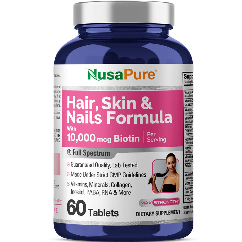 Hair, Skin & Nails Formula, 10,000mcg Biotin, 60 Veg Tablets - 20 Servings | Dietary Supplement Formula, Vitamins, Niacin & Biotin, Suitable for Adults, Manufactured in a cGMP Registered Facility USA