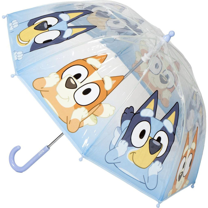 Bluey Poe Bulle Manual Umbrella, Clear Kids Umbrella with Official Bluey Design, Safety Manual Opening and High Protection Dome for Children on Rainy Day, Blue, T45C