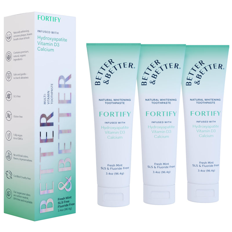 [Australia] - Better & Better Fortify Hydroxyapatite Toothpaste | Infused w/VIT. D & Calcium | Fluoride & SLS Free for Sensitive Brushers | Natural & Vegan Whitening Toothpaste | Fresh Mint Flavor | 3.4oz, 3 Pack 