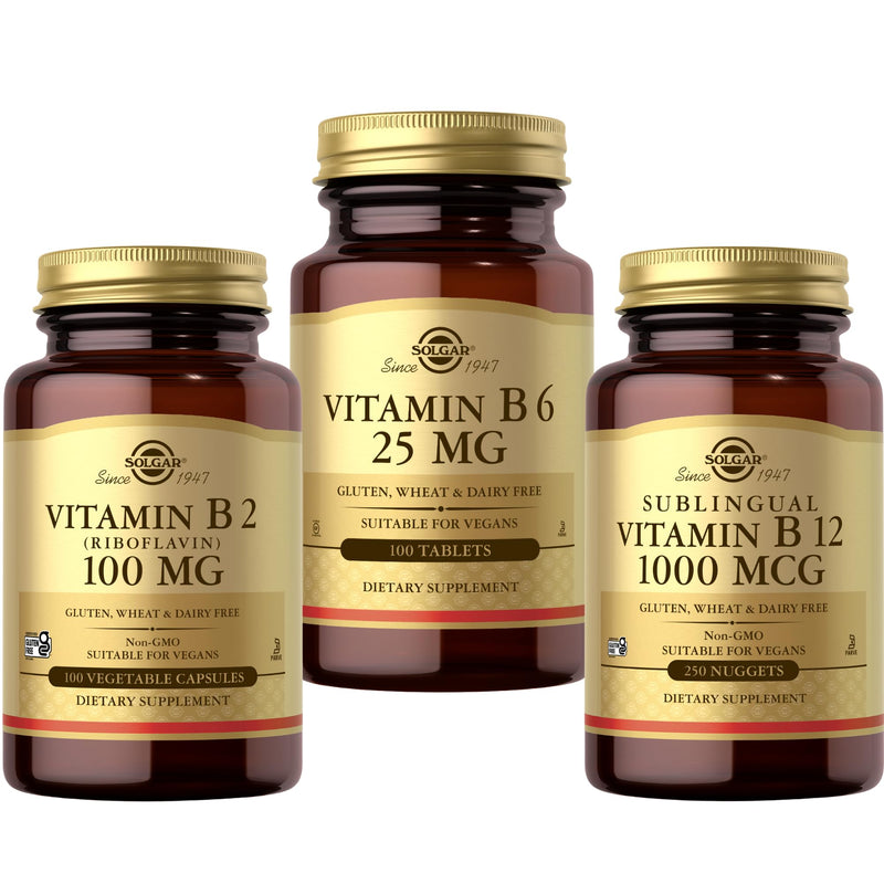 SOLGAR Vitamin B Bundle: B6 25 mg, 100 Tablets + Sublingual B12 1000 mcg Nuggets, 250 Count + B2 (Riboflavin) 100mg, 100 Vegetable Capsules